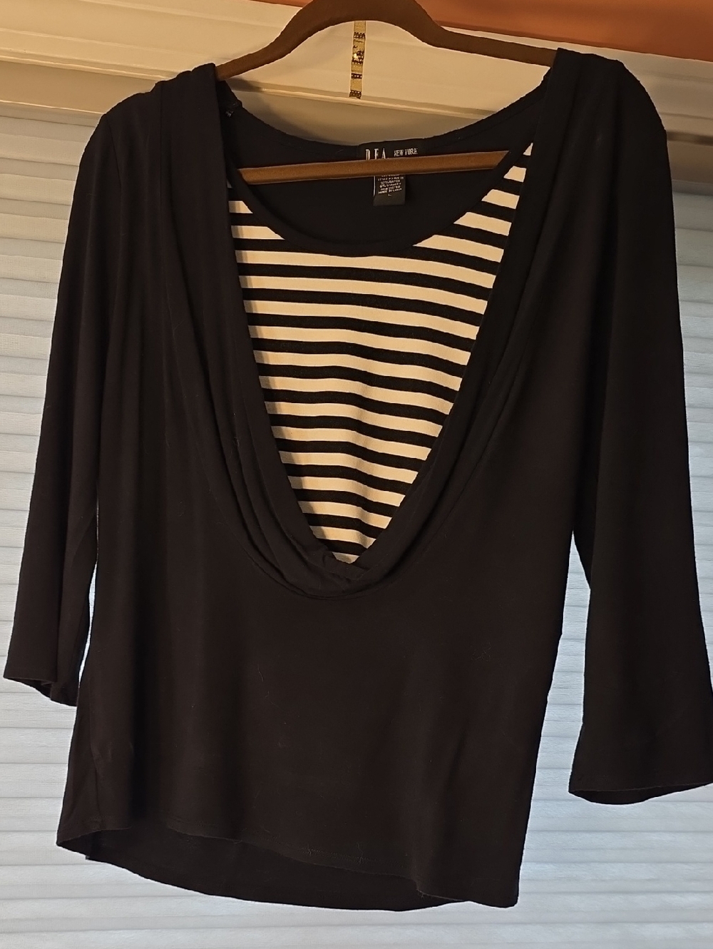 Soft Black draped V-neck Tunic with Striped Inset, Stretchy